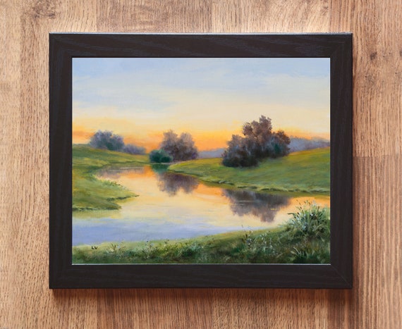 River With Trees Drawing Original Framed Painting Realistic Sunrise River Green Grass Classic Landscape Fine Art Peaceful River Scene