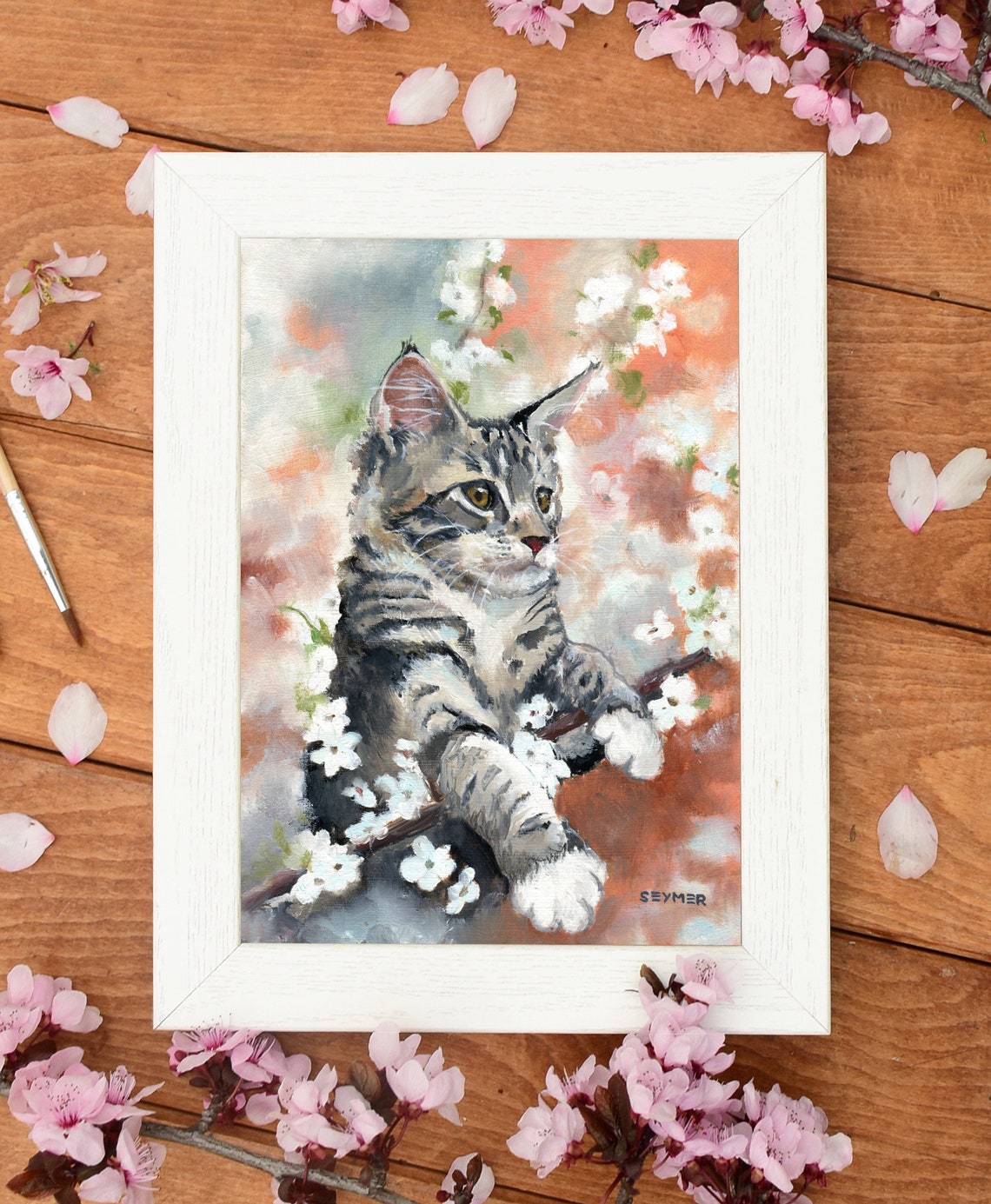 Tabby Cat Nestled Among White Spring Blossoms Painting Poster - Image 2