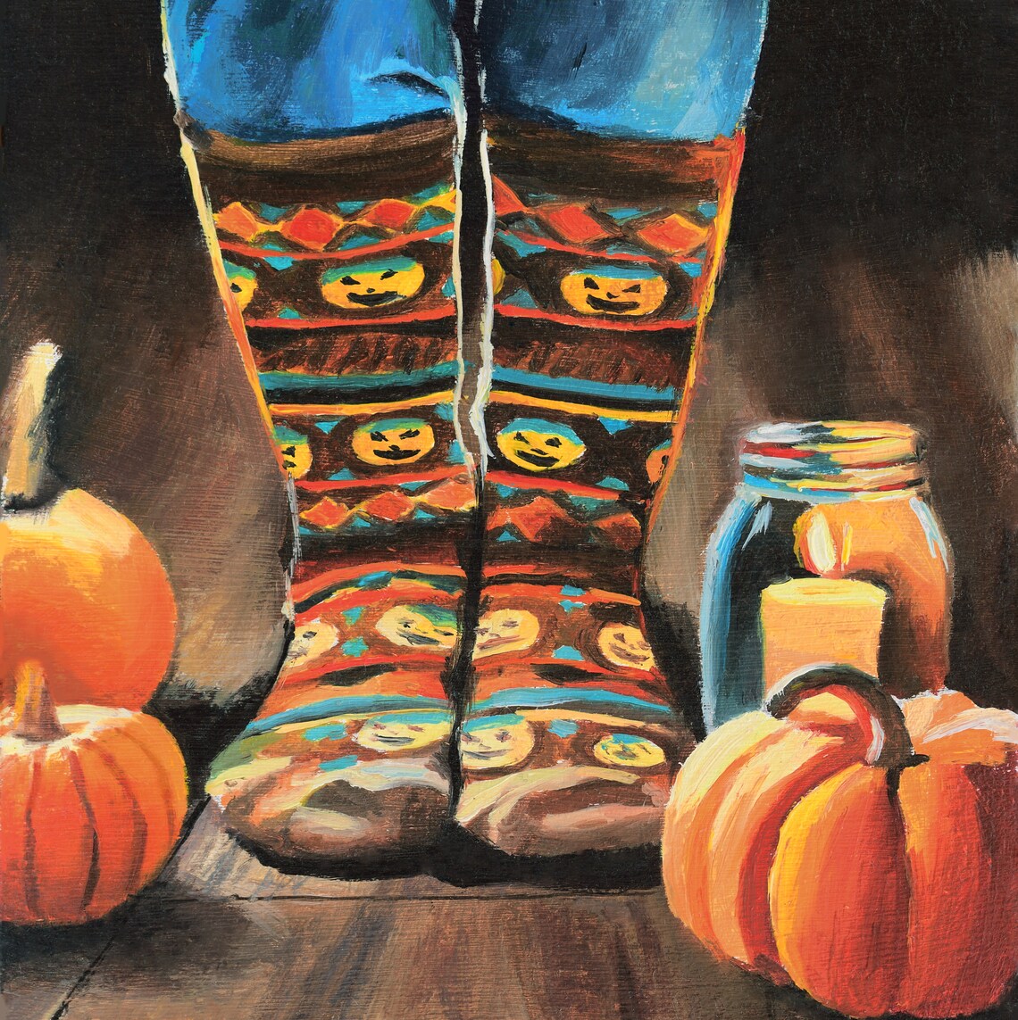 Cozy Halloween Scene with Pumpkin Socks, Pumpkins and Candlelight Poster - Image 5