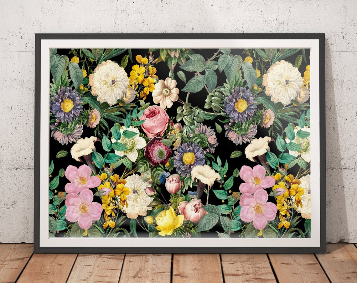 Vintage Pastel Wildflower Meadow on Black Botanical Wall Poster