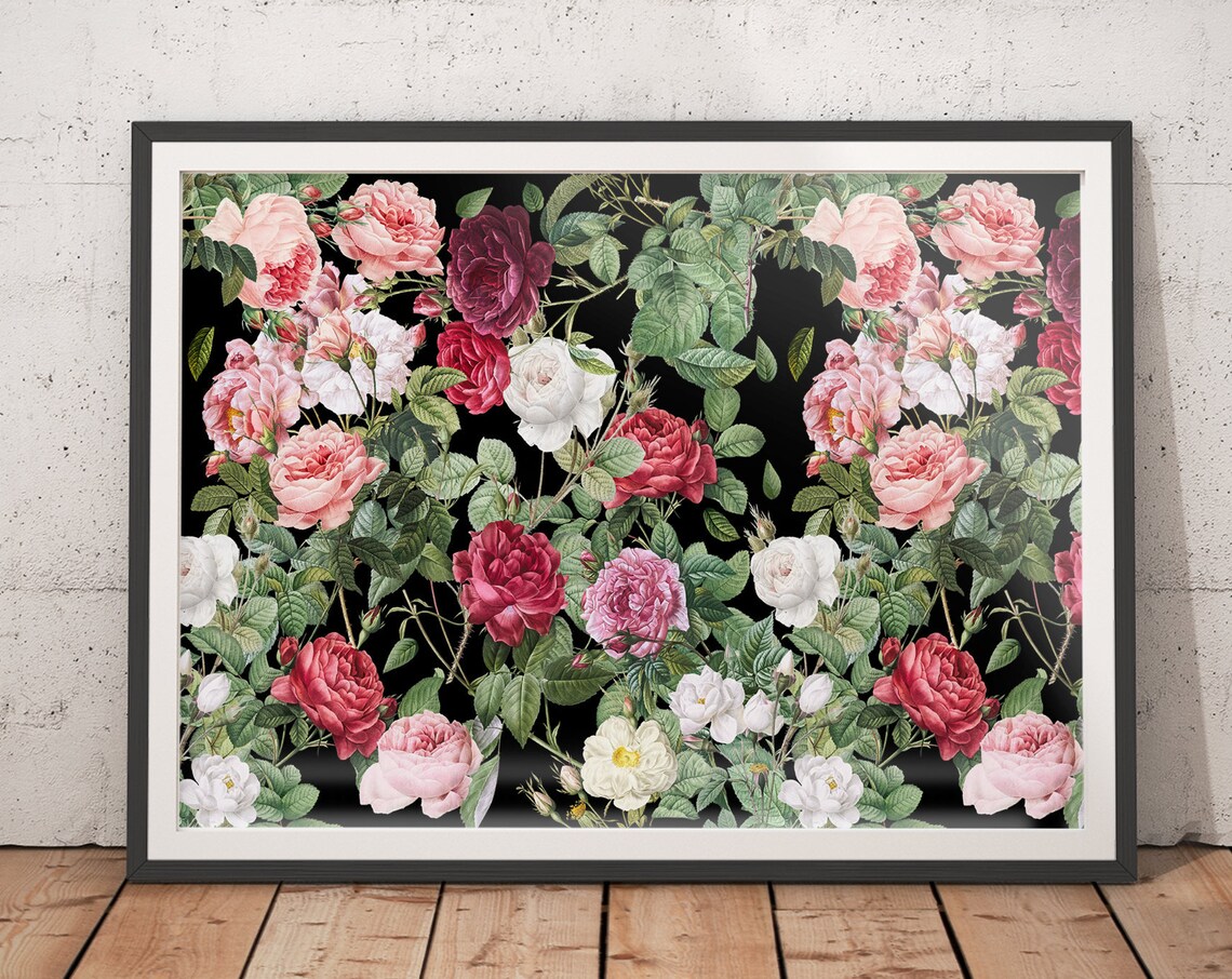 Vintage Classic Roses in Red Pink and White on Black Art Poster
