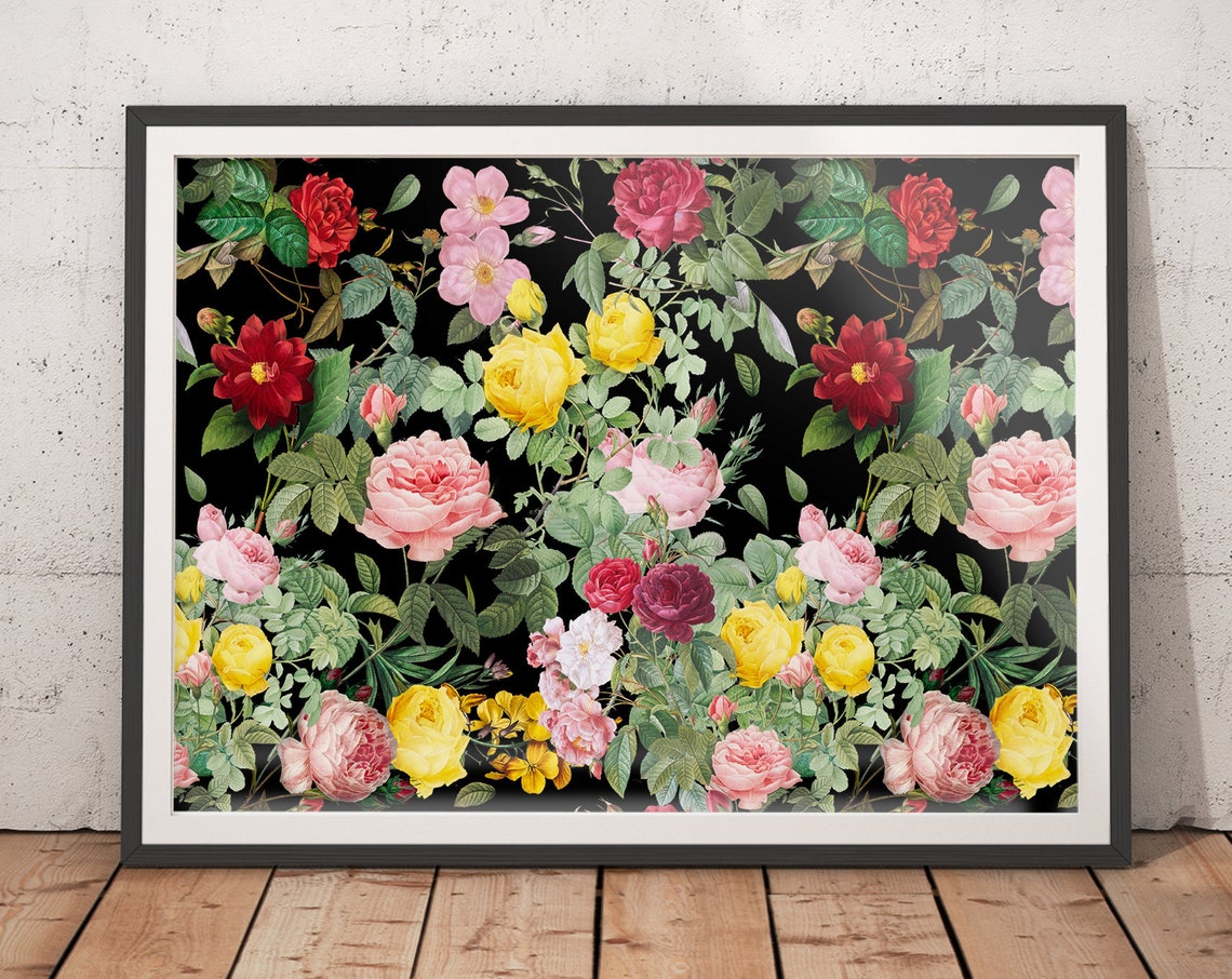 Vintage Roses with Yellow and Red Dahlias on Black Art Poster