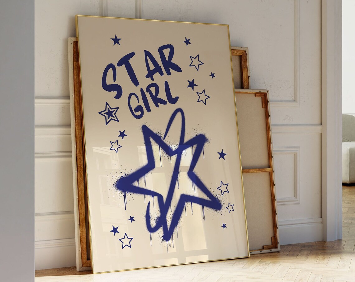 Star Girl Navy Graffiti Stars Retro Street Art Trendy Poster
