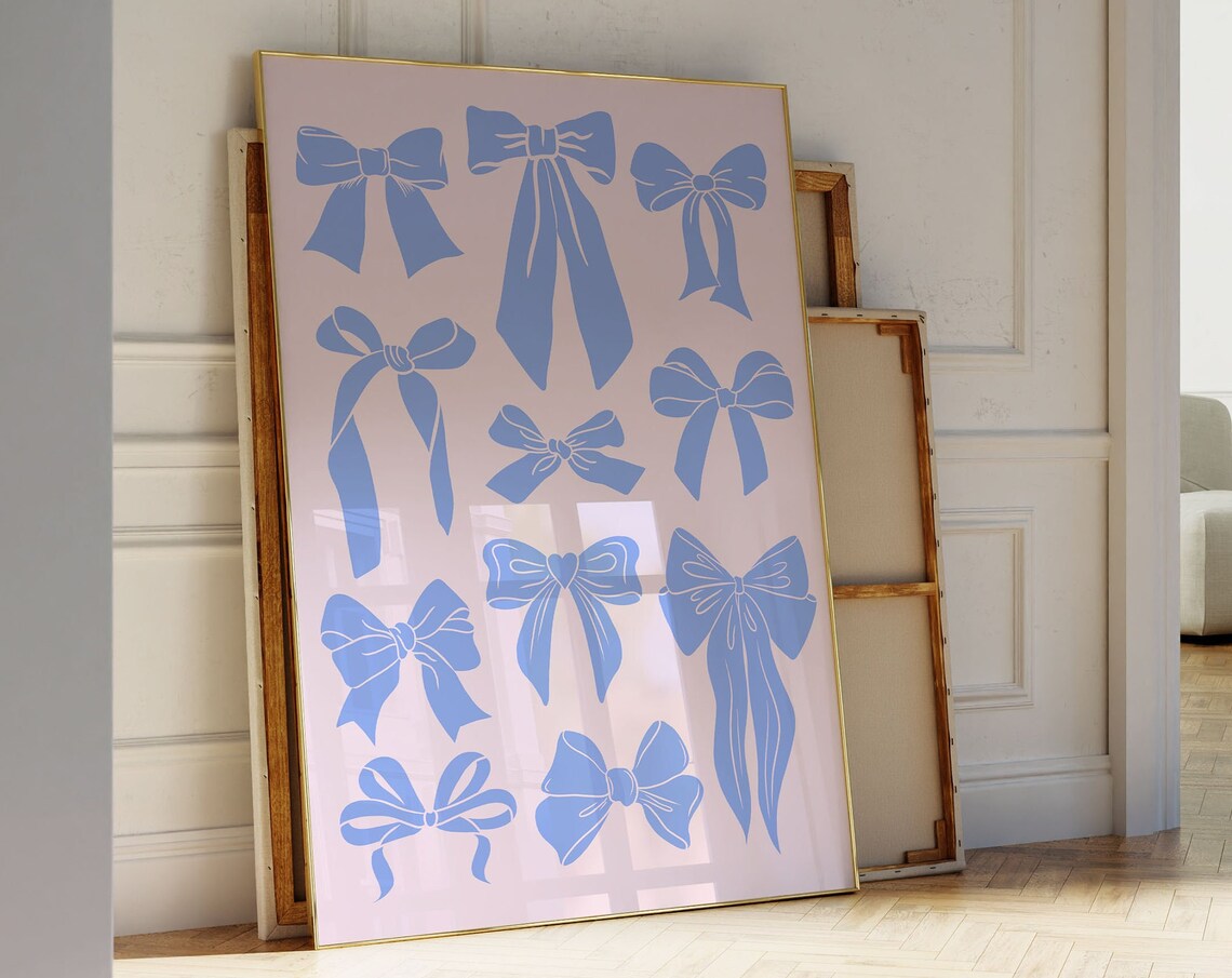 Blue Ribbon Bows Collage Minimalist Coquette Aesthetic Poster