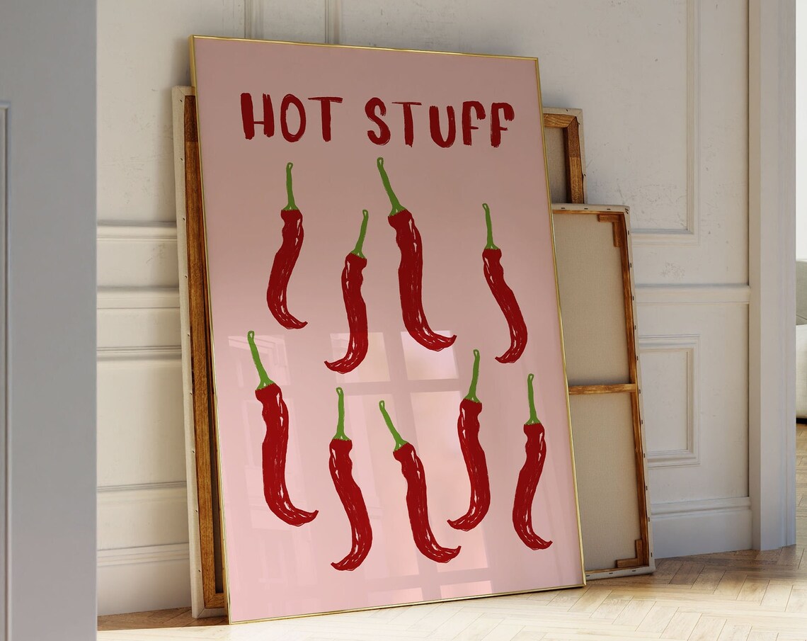 Hot Stuff Red Chili Peppers Sketch Retro Pink Kitchen Poster - Image 4