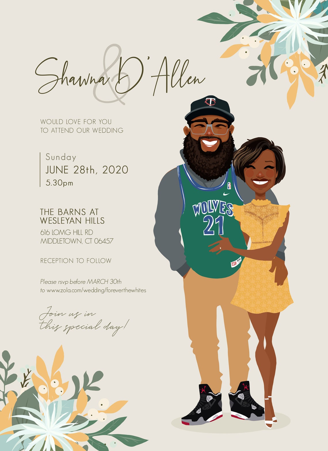 Custom Illustrated Wedding Invitation Couple Portrait Card Poster - Image 3