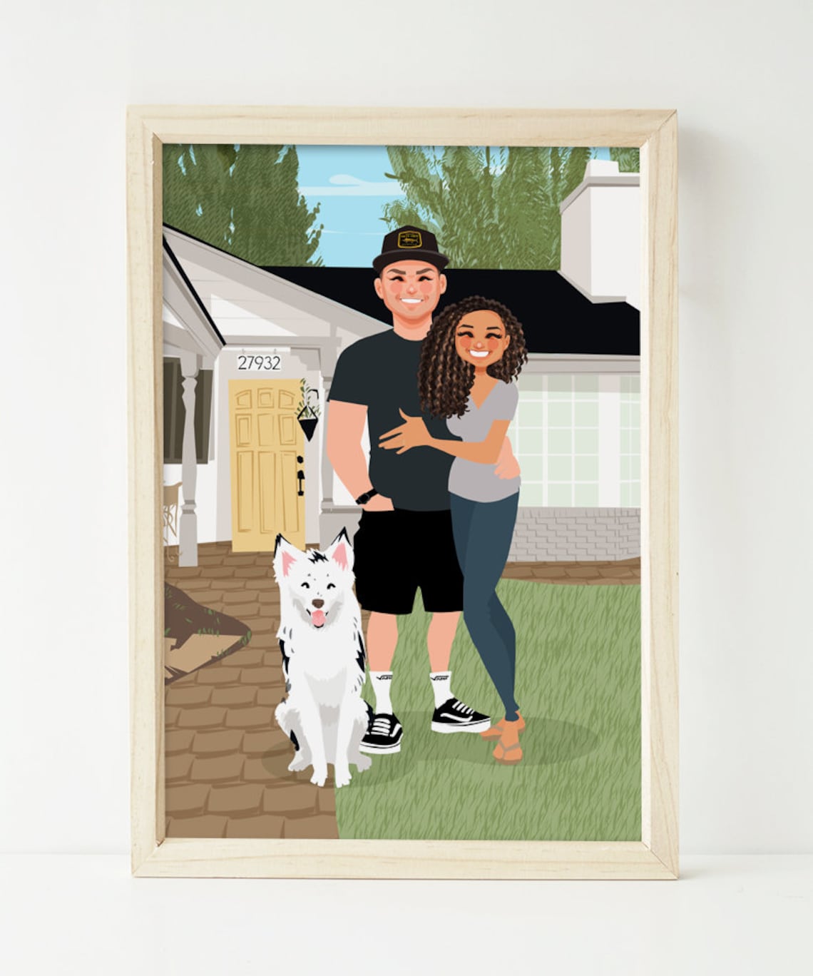 Custom Illustrated Couple and Dog Portrait in Front of House Poster