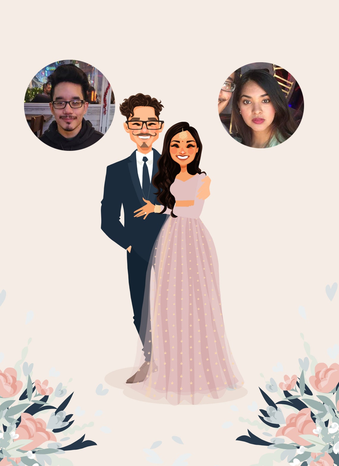 Custom Illustrated Wedding Invitation Couple Portrait Card Poster - Image 4