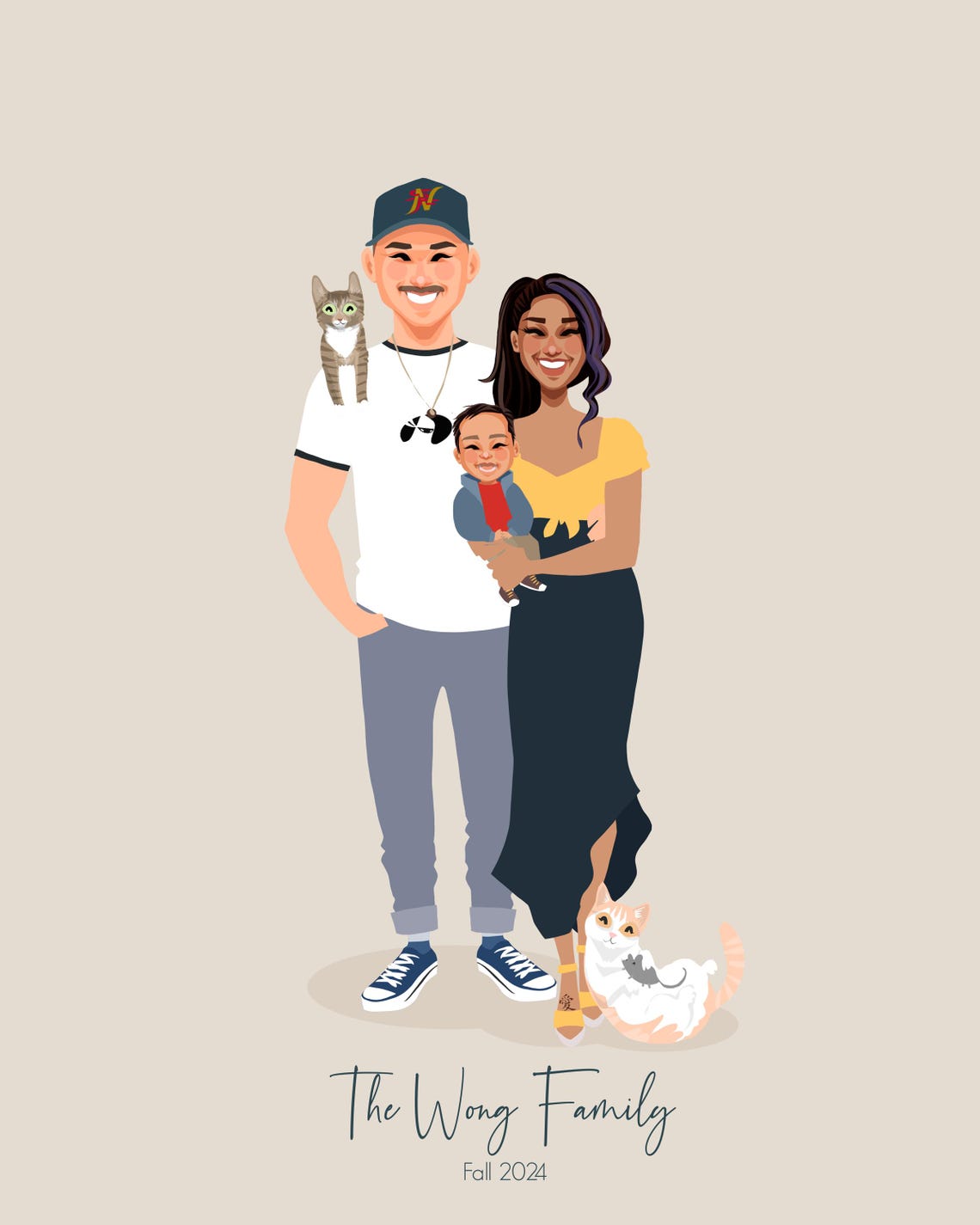Custom Illustrated Wong Family Portrait With Parents Baby and Two Cats Poster - Image 6