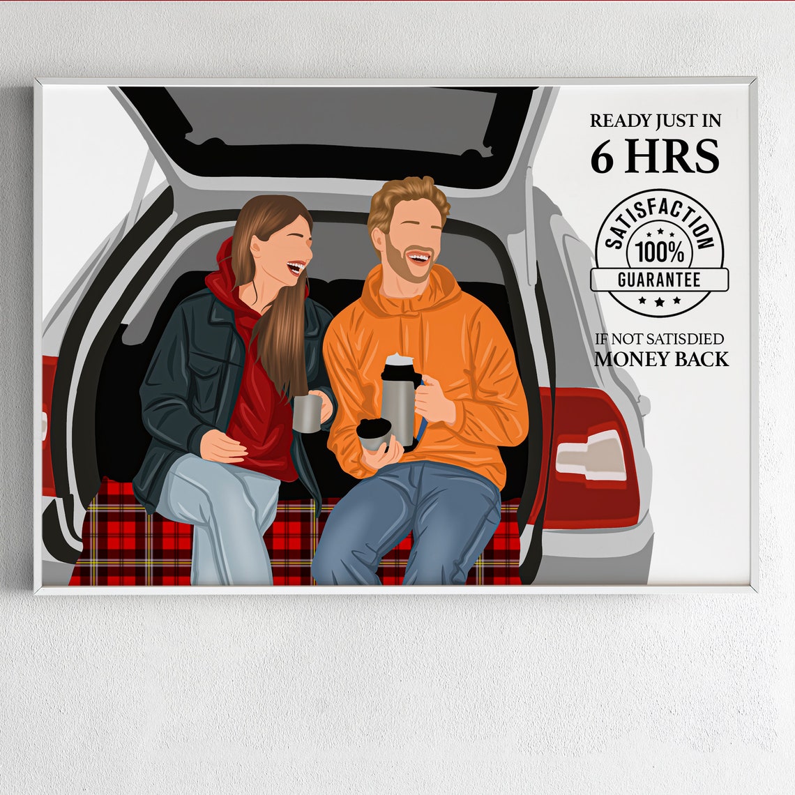 Couple Relaxing in Open Car Trunk with Hot Drinks Cozy Portrait Poster