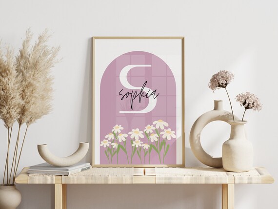 Sophia Custom Personalised Daisy Initial S Purple Nursery Poster