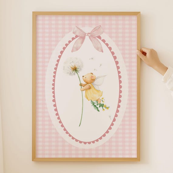 Coquette Nursery Print Cute Fairy Bow Watercolor Art Baby Girl Pink Gingham Decor