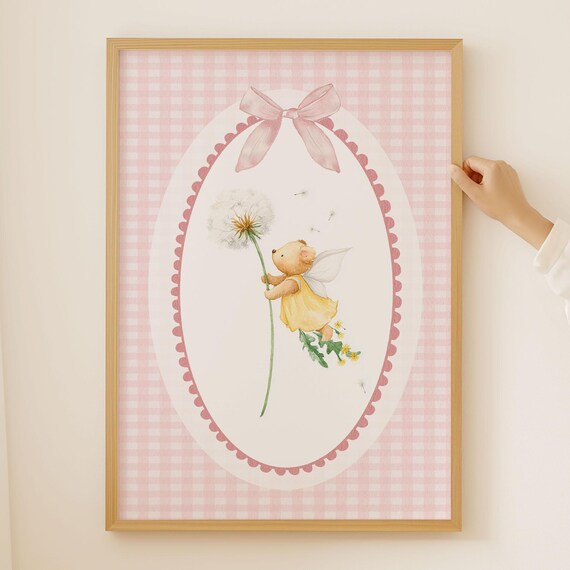 Cute Fairy Bear Dandelion Pink Gingham Nursery Wall Poster Art