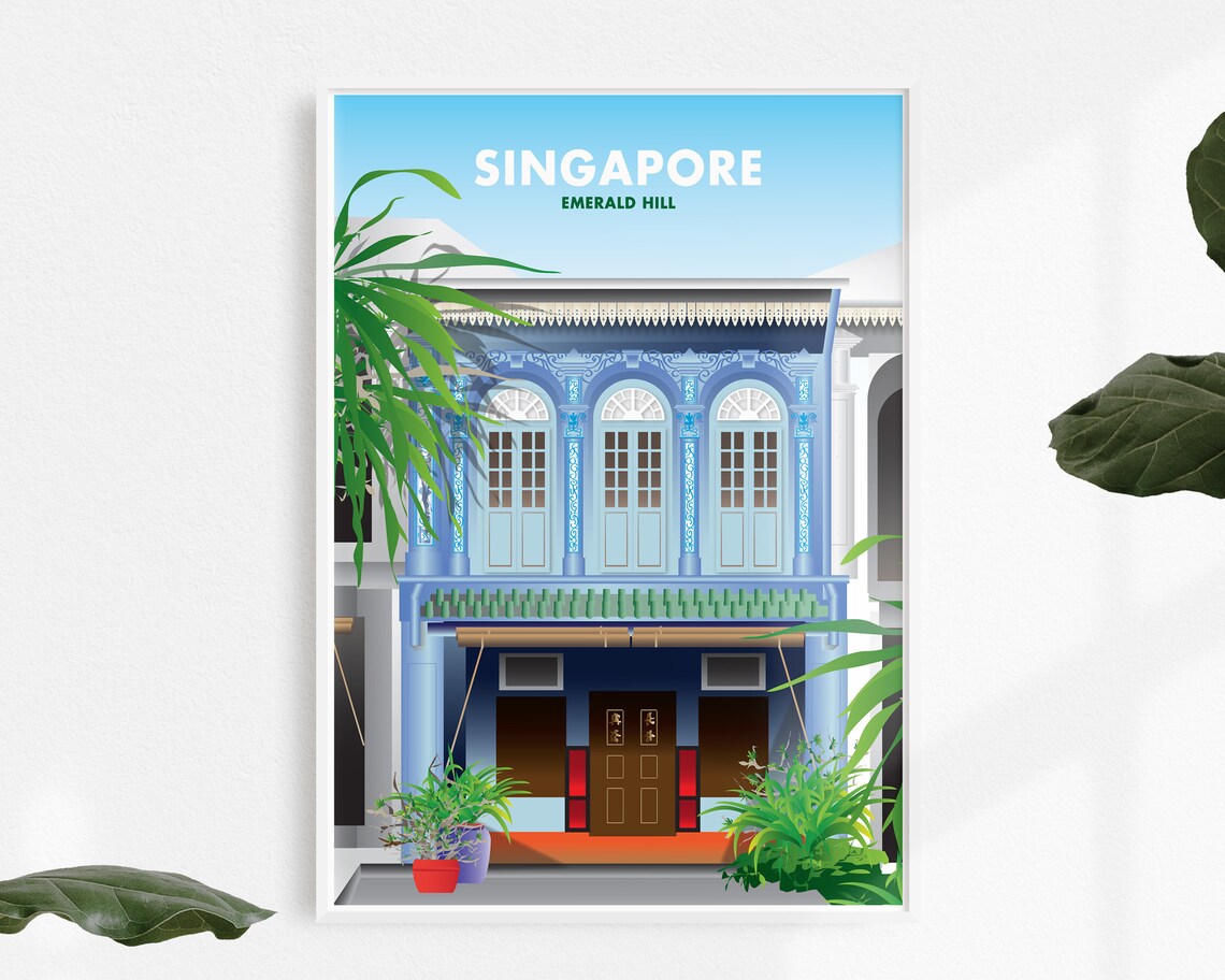 Singapore Emerald Hill Blue Peranakan Shophouse Illustration Poster