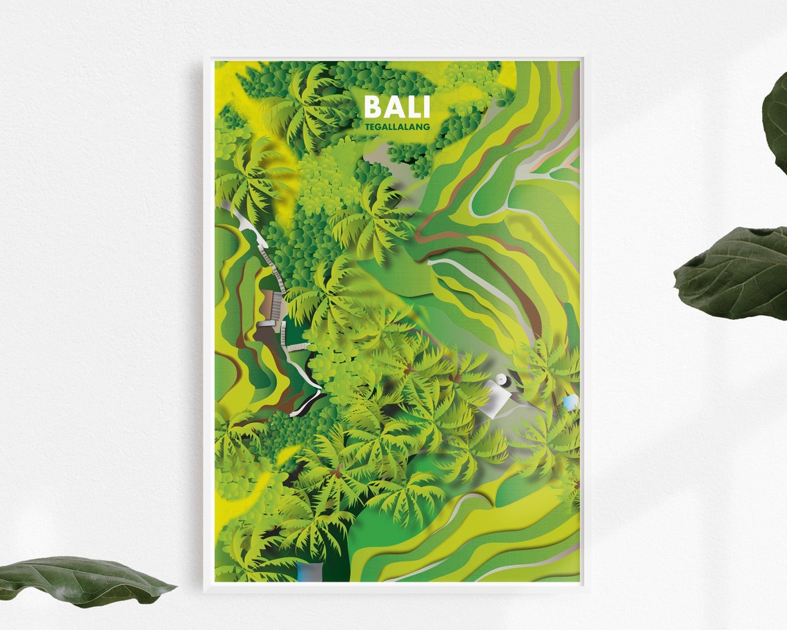 Bali Tegallalang Rice Terraces Aerial Jungle Illustration Poster