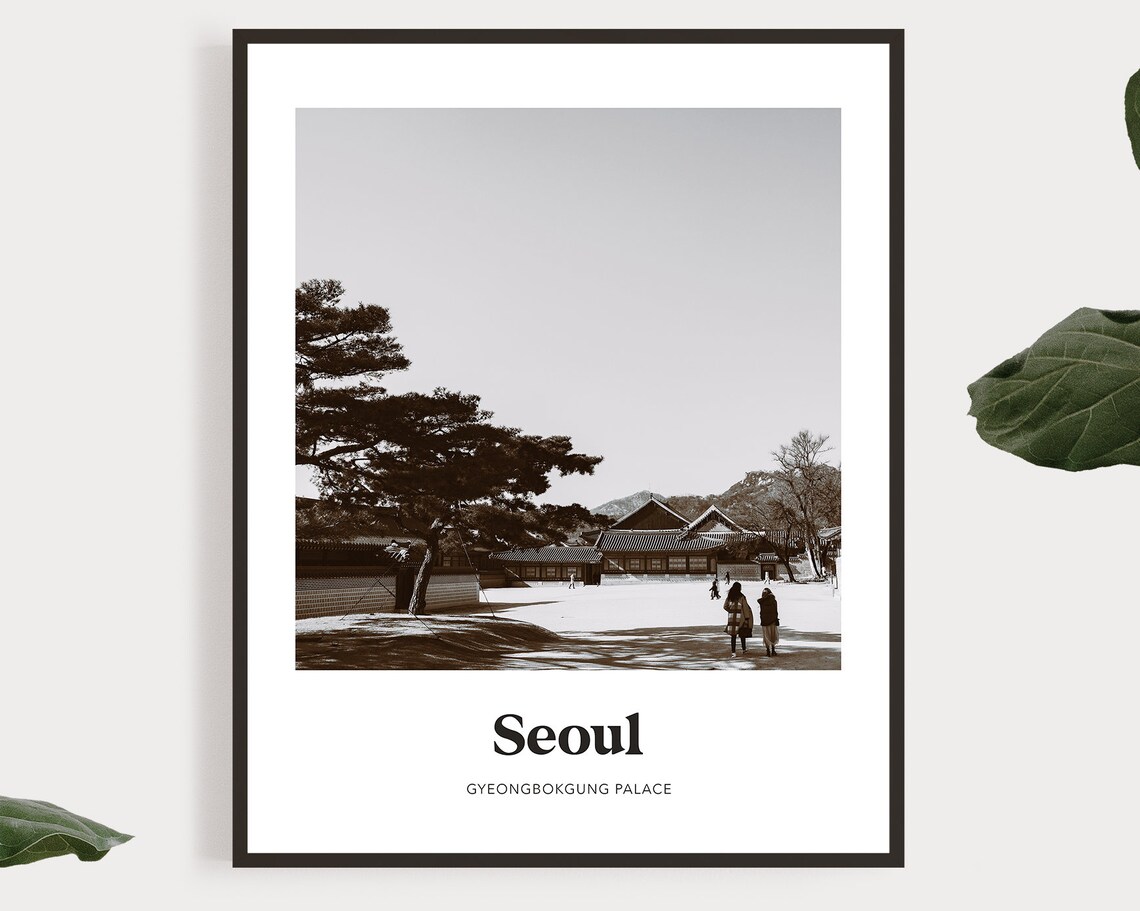 Seoul Gyeongbokgung Palace Black and White Courtyard Photo Poster