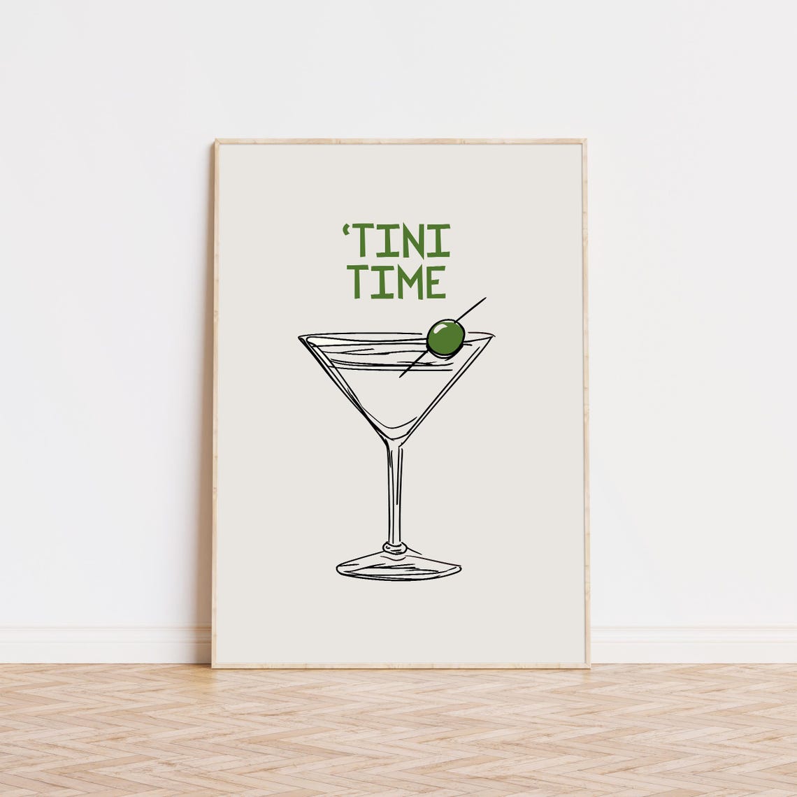 'TINI TIME Martini Glass Line Art Olive Green Bar Cart Poster