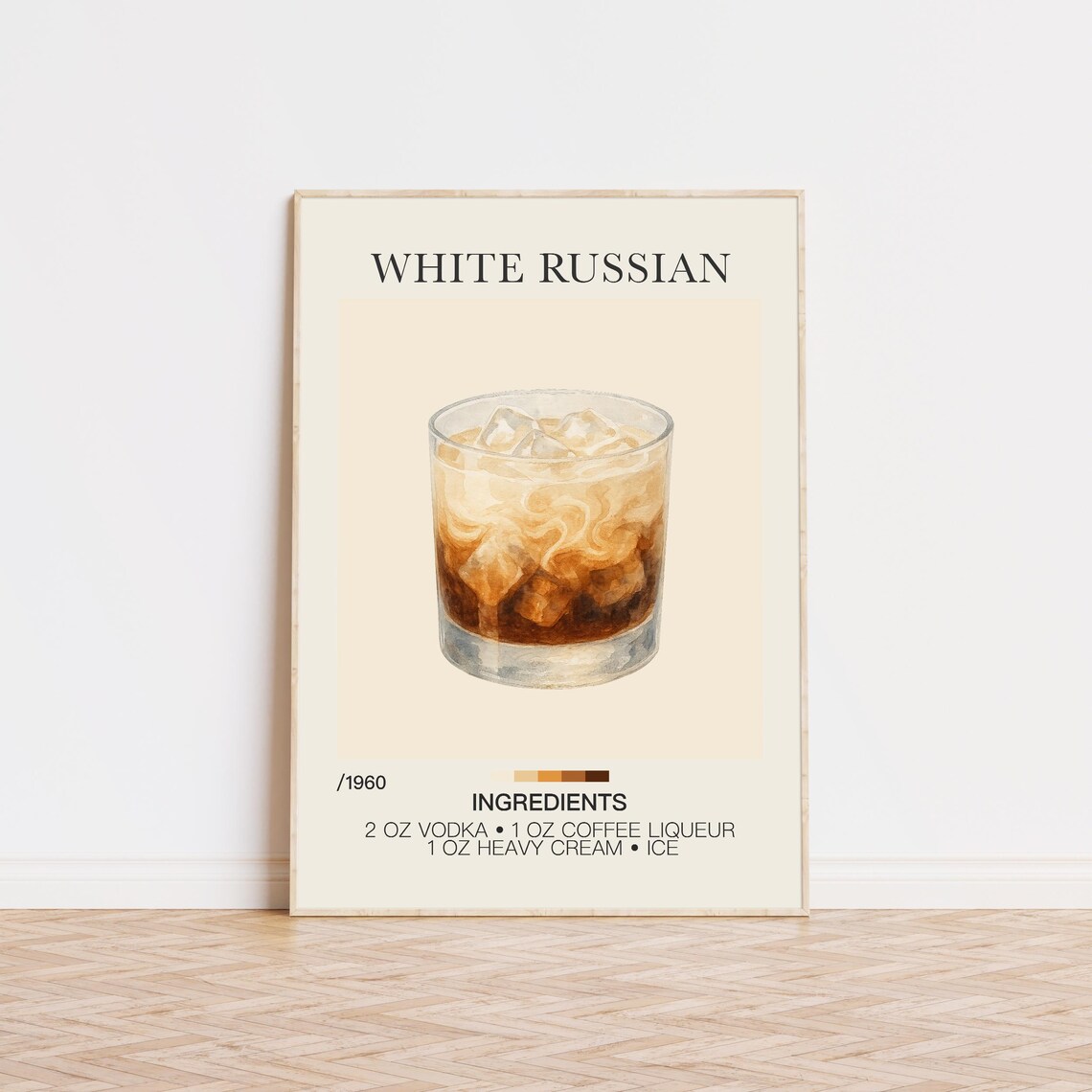 White Russian Recipe Watercolor Creamy Coffee Bar Cart Poster