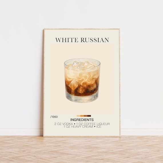 White Russian Recipe Watercolor Creamy Coffee Bar Cart Poster