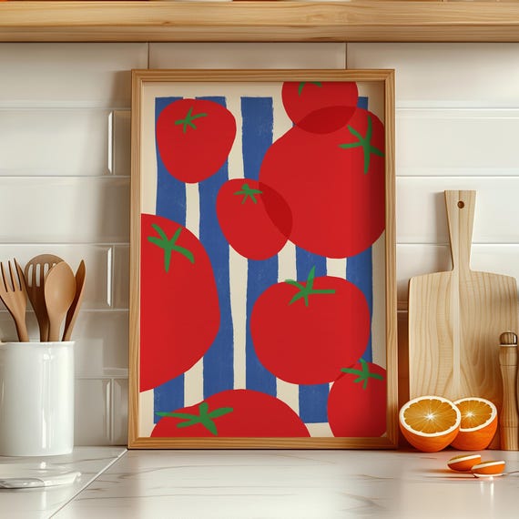 Pomodoro Kitchen Wall Art Eclectic Handdrawn Tomato Print Retro Red And Blue Striped Poster Trendy Maximalist Decor