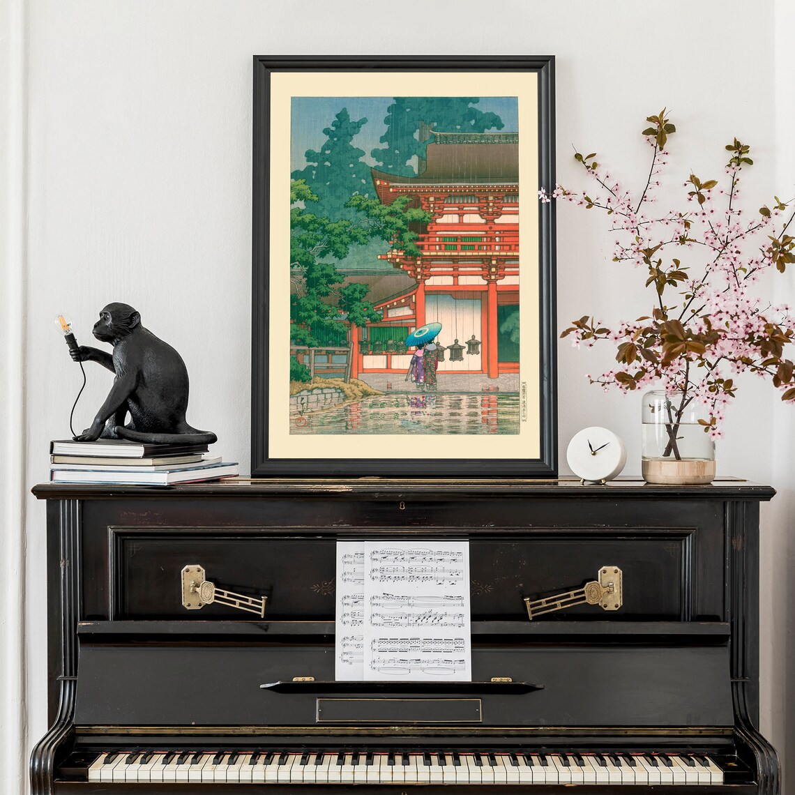 Japanese Red Temple Rain Umbrellas Vintage Woodblock Style Poster - Image 3