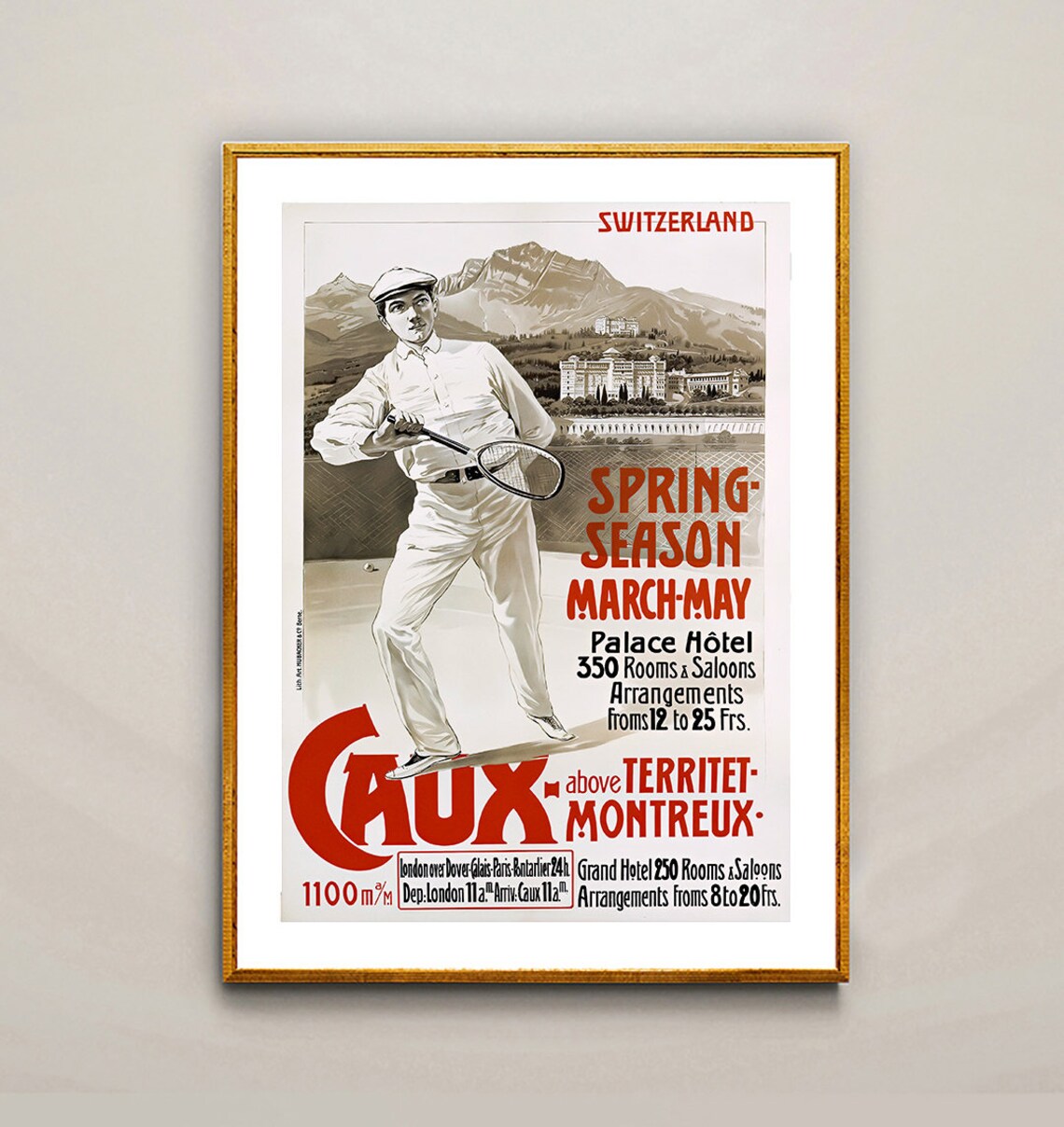 Caux Montreux Switzerland Spring Tennis Vintage Hotel Travel Poster - Image 2