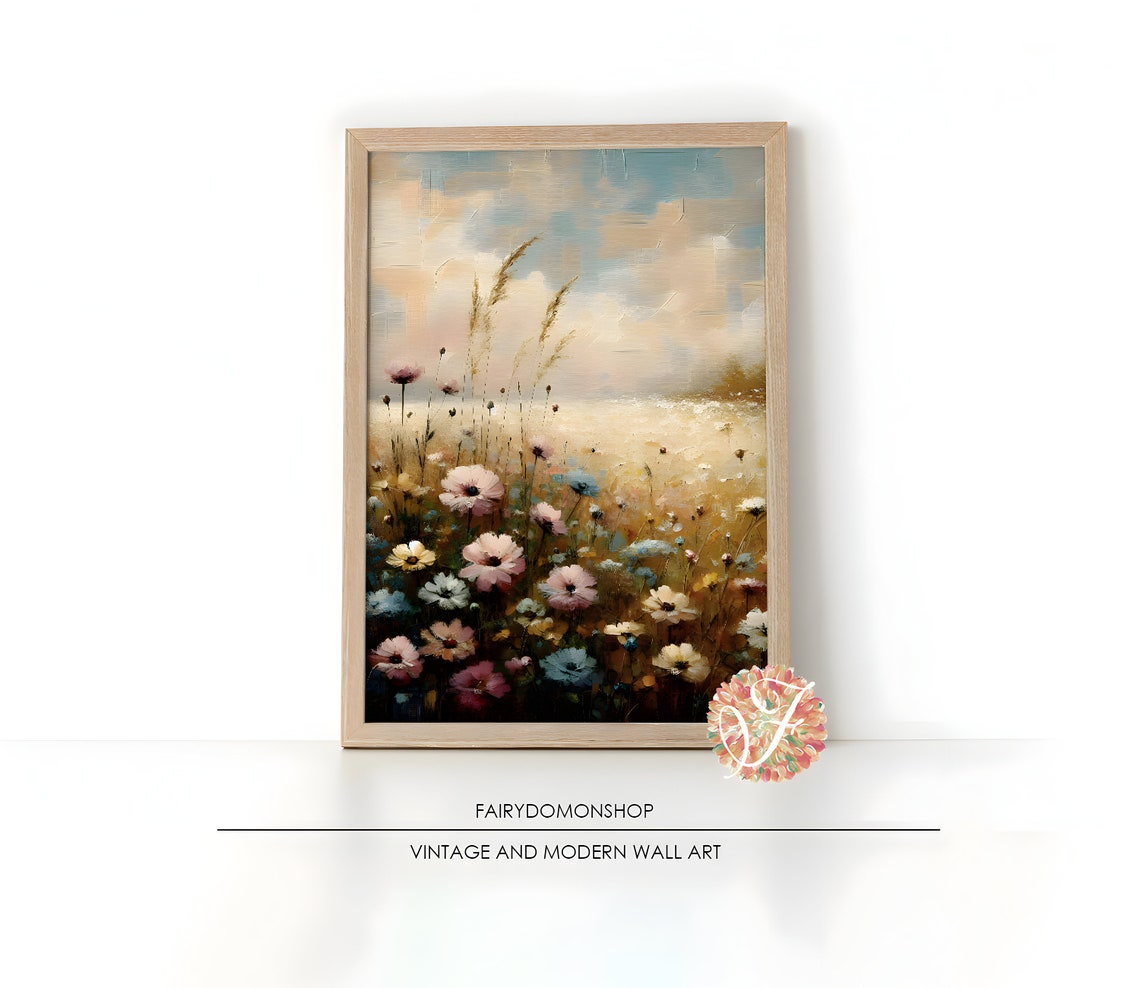 Vintage Wildflower Field Art Oil Painting Natural Flowers Antique Wildflower Field Country Oil Painting And Art