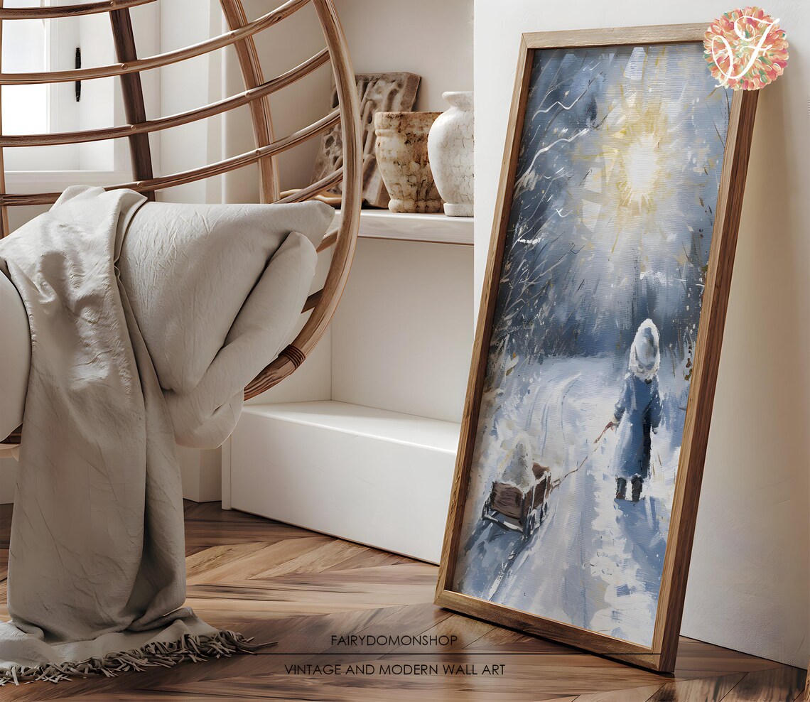Little Girl Pulling Sled Poster Snowy Winter Woods Childhood Magic Decor - Image 3