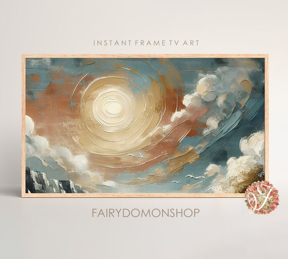 Radiant Sun Swirling Clouds Seagulls Blue Sky Oil Painting Poster