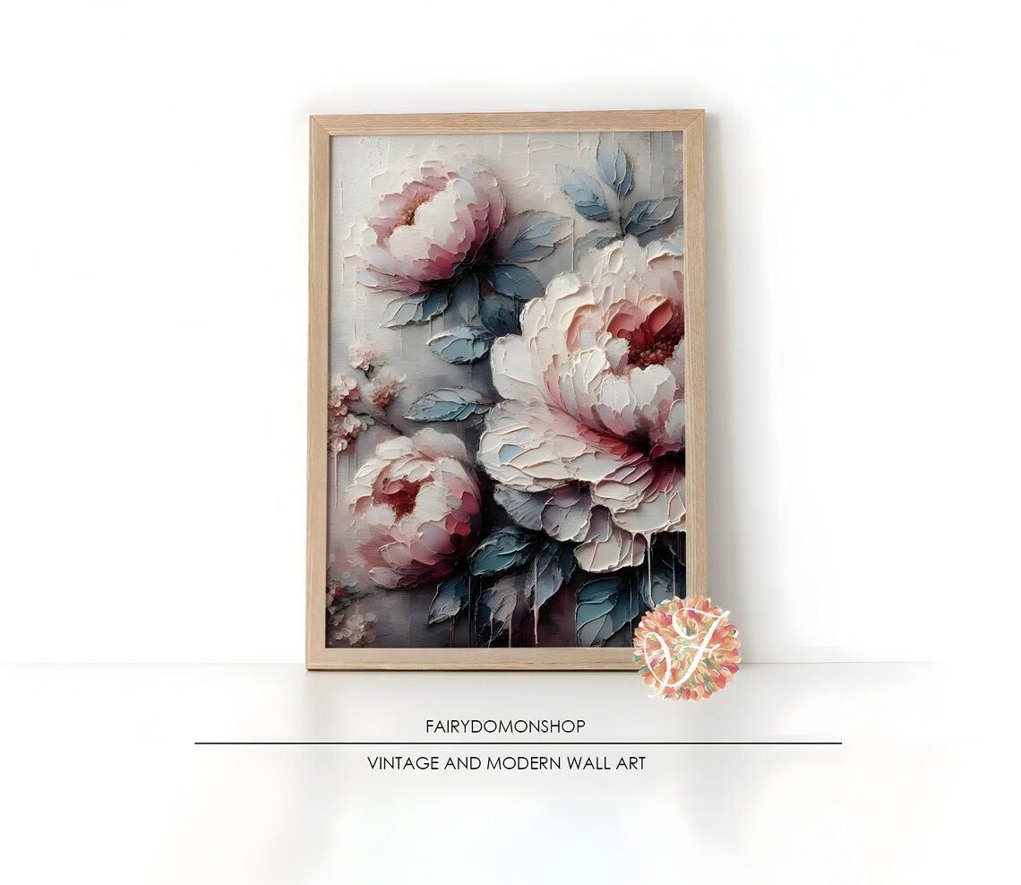 Textured Peony Blossoms White Pink Floral Oil Painting Poster