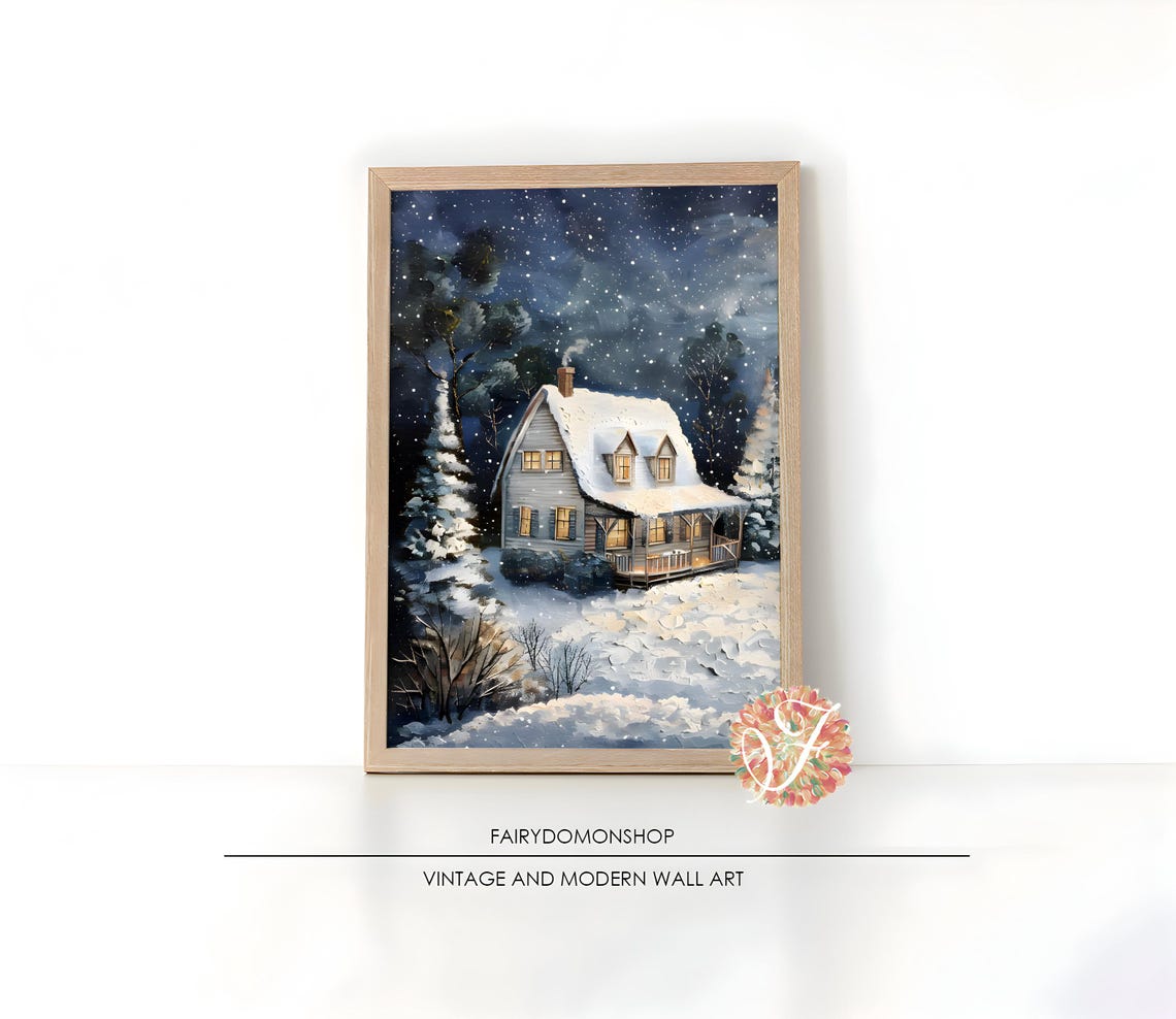 Cozy Cabin Starry Night Poster Snowy Winter Hideaway Holiday Decor Art