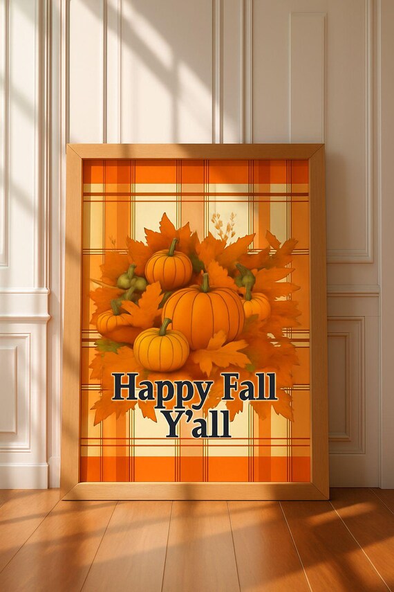 Happy Fall Yall Pumpkins Maple Leaves Orange Plaid Harvest Art Poster