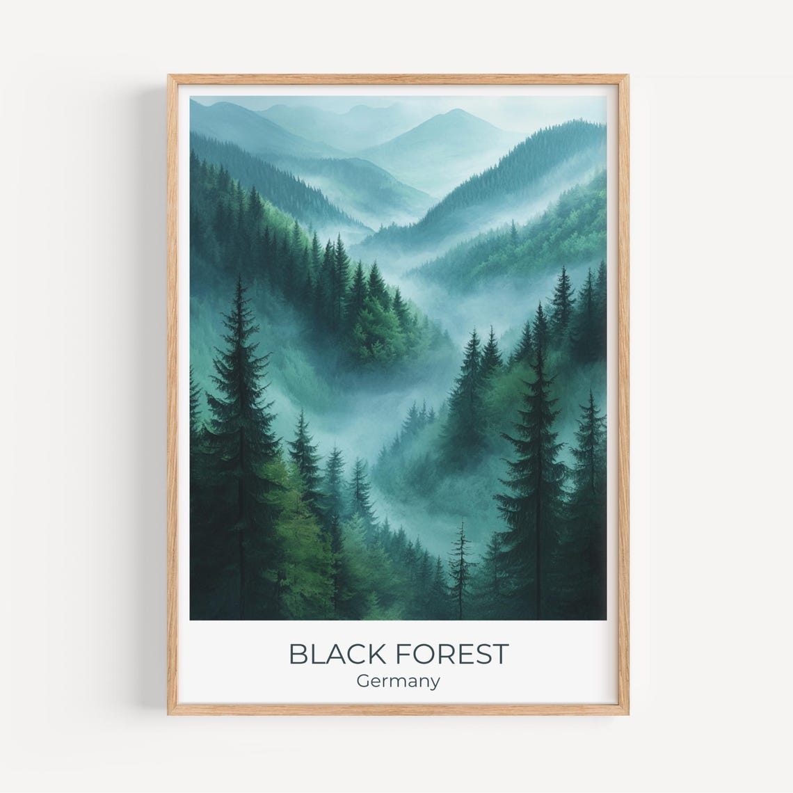 Black Forest Germany Travel Poster Misty Pine Mountains Forest Art