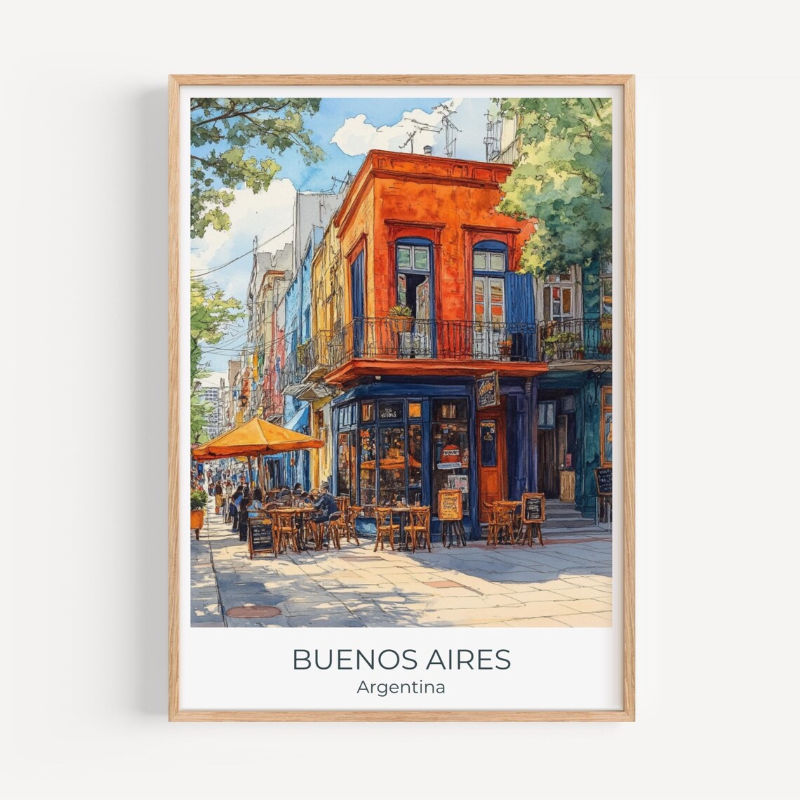 Buenos Aires Argentina Travel Poster La Boca Colorful Street Cafe Art