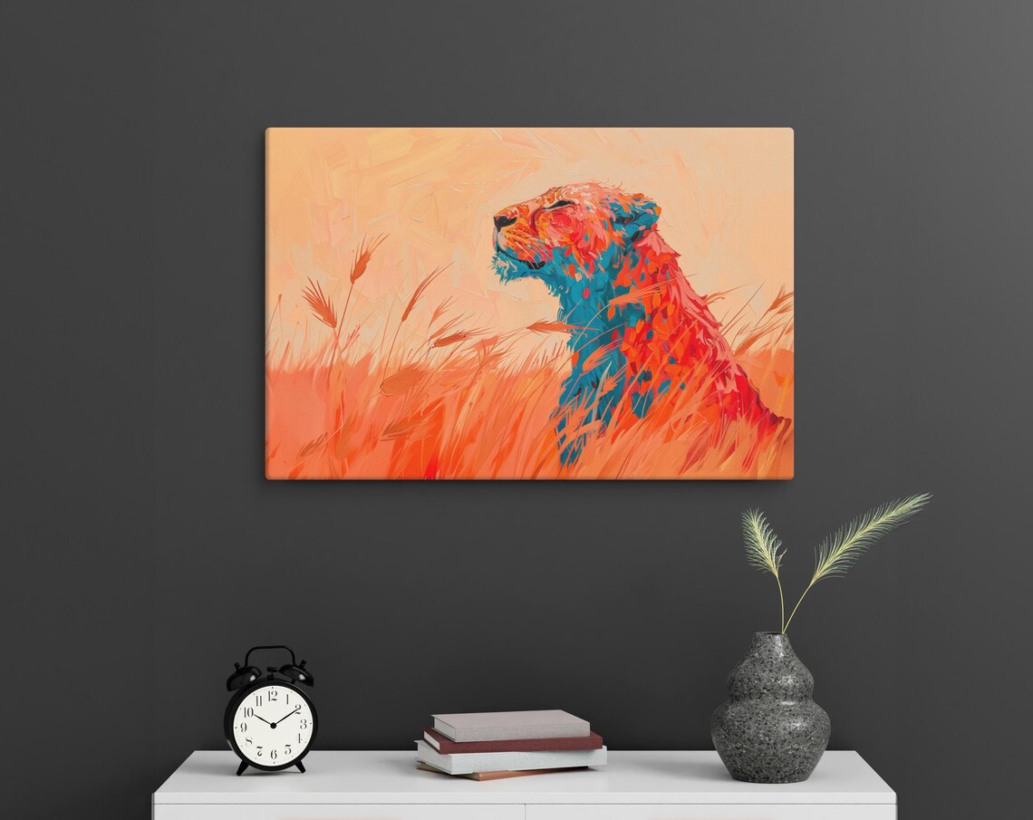 Majestic Lioness in Golden Savanna Grass Fiery Brushstrokes Art Poster - Image 3