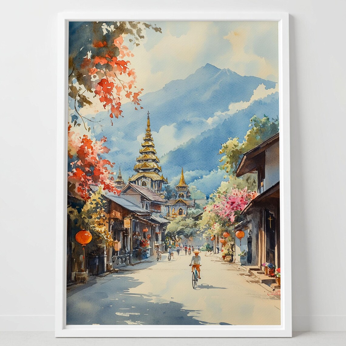Chiang Mai Thailand Temple Street Watercolor Mountain Scenery Poster