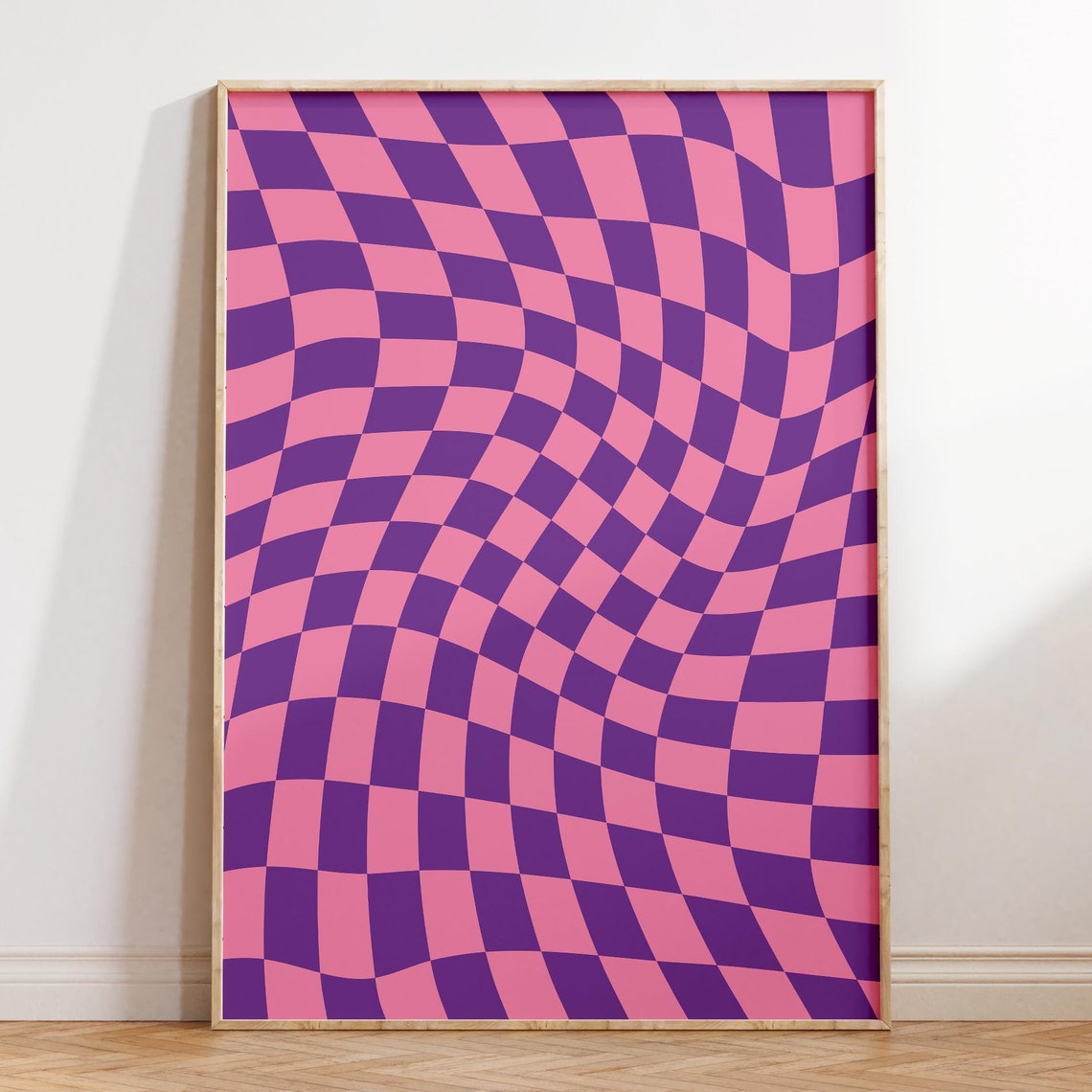Wavy Checkerboard Pattern Bold Purple Pink Retro Abstract Poster