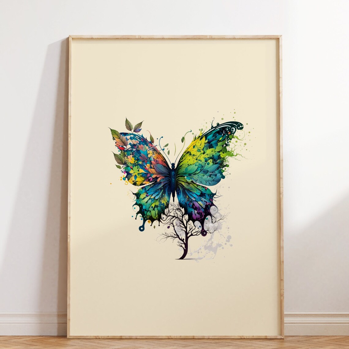 Colorful Watercolor Butterfly Blue Green Nature Floral Art Poster
