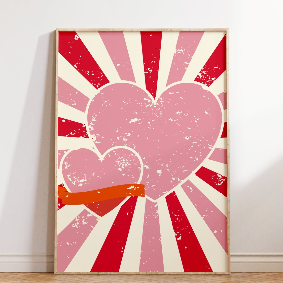 Retro Pink Hearts Ribbon Banner Sunburst Pop Art Wall Poster