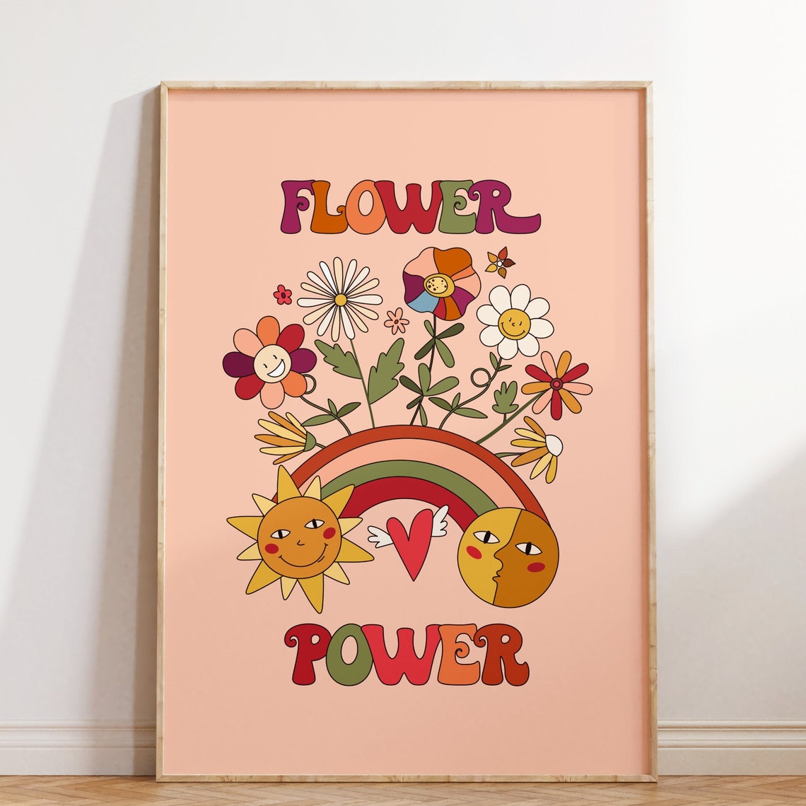 Flower Power Retro Hippie Groovy Smiling Daisy Sun Moon Art Poster