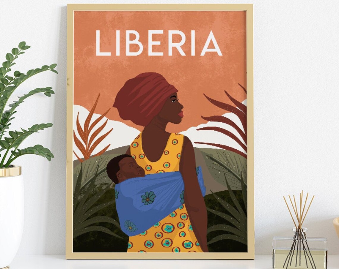 Liberia African Mother and Child Tropical Garden Travel Poster