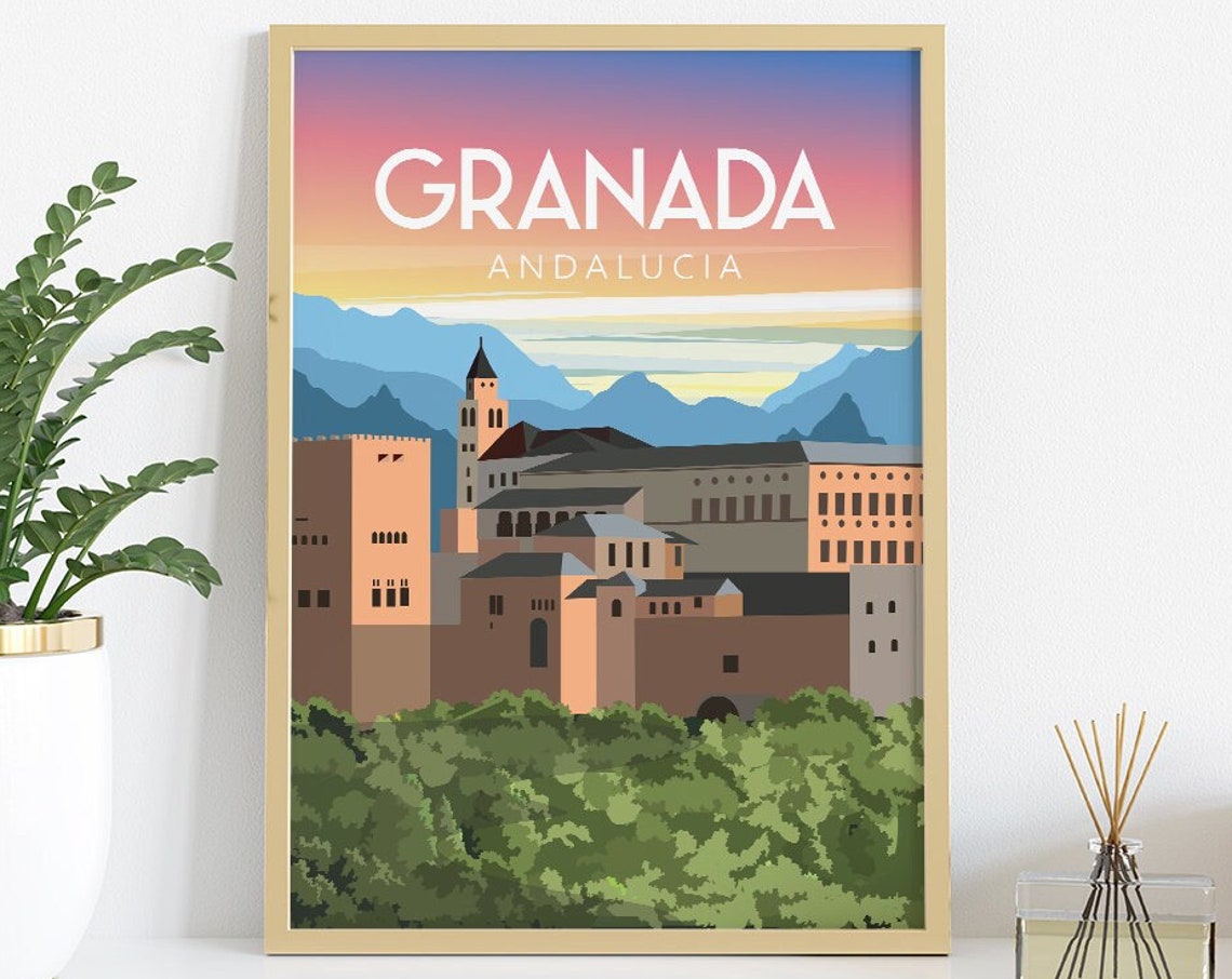 Granada Spain Alhambra Palace Fortress Mountain Travel Poster - Image 2