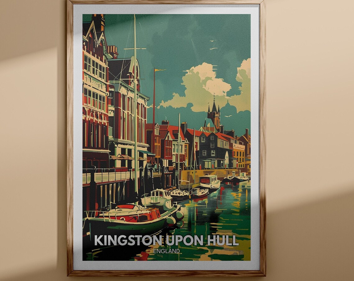 Kingston Upon Hull England Vintage Travel Poster Harbor Boats Scene