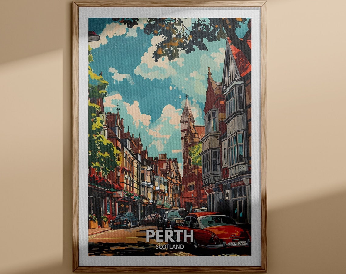 Perth Scotland Tree Lined Street Red Vintage Car Travel Poster