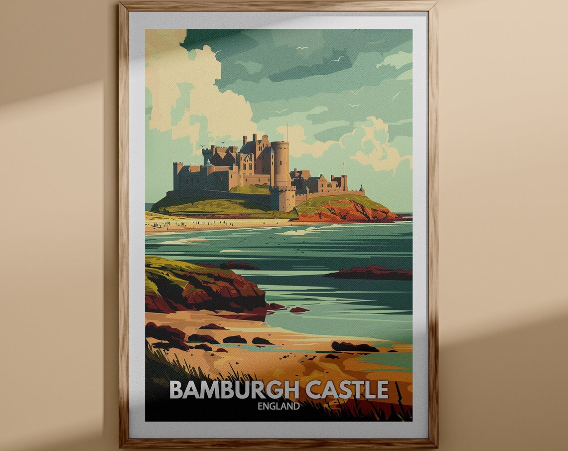 Bamburgh Castle England Travel Poster Coastal Fortress Beach View