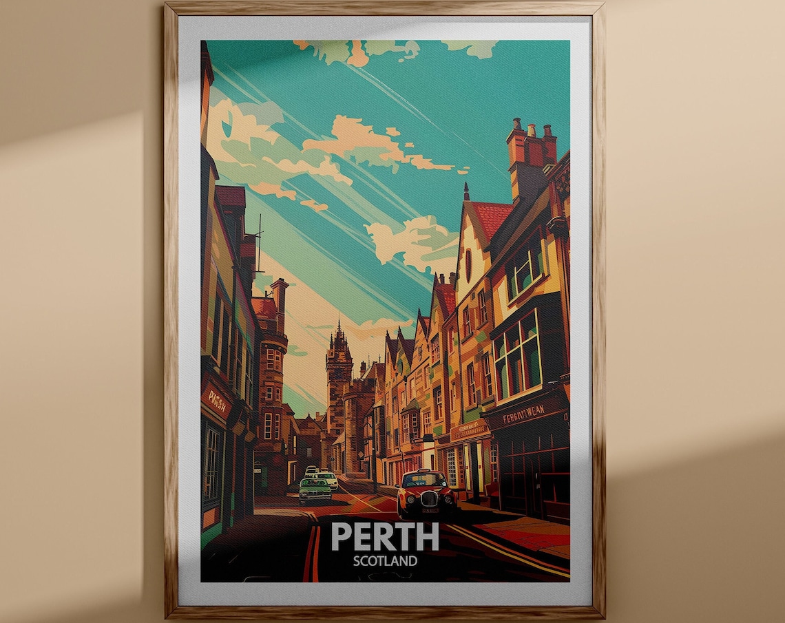 Perth Scotland City Street Classic Cars Church Tower Travel Poster