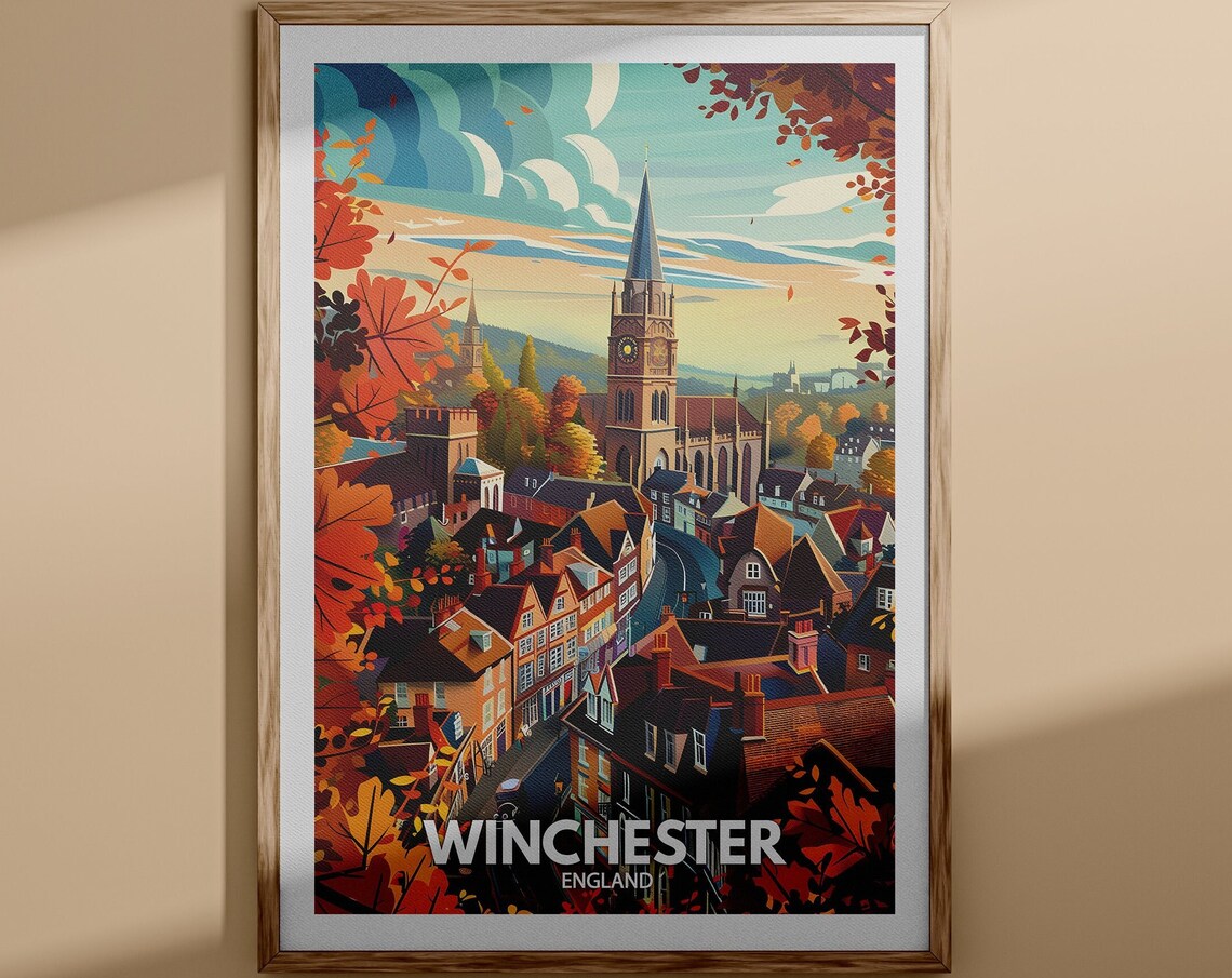 Winchester Autumn Church Spire Historic Old Town Streets Poster