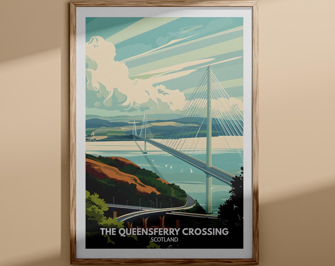 The Queensferry Crossing Scotland Vintage Travel Poster Bridge Art