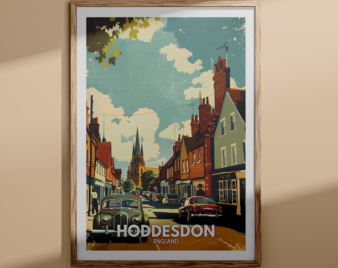 Hoddesdon England Vintage Travel Poster Classic Cars Street Scene