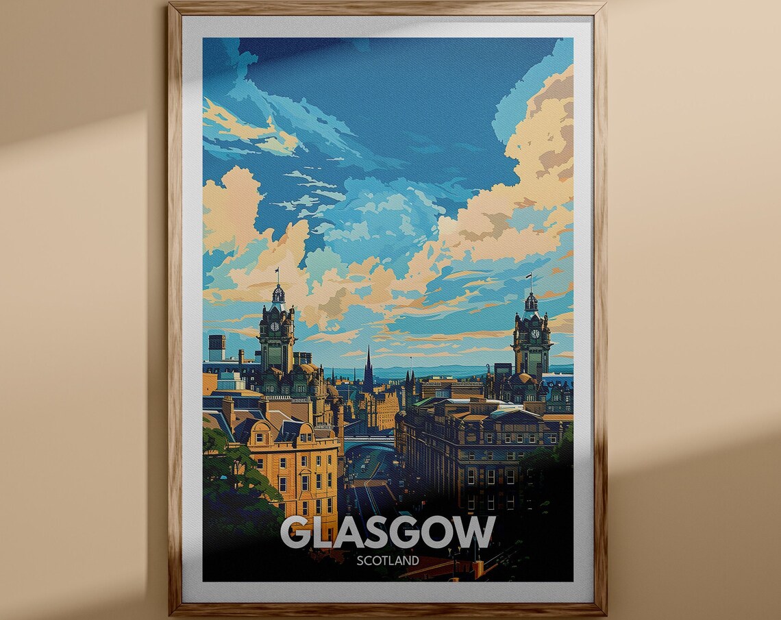 Glasgow Scotland Grand Twin Clock Towers City Centre Scene Poster